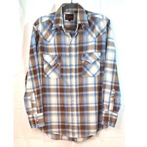 Plains Western Wear Long Sleeve Pearl Snap Mens Shirt Brown & Blue Plaid Size M
